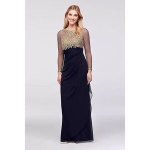 Xscape Noah Illusion Long Sleeve Lace Matte Jersey Gown Ruched Size 6 Navy Gold